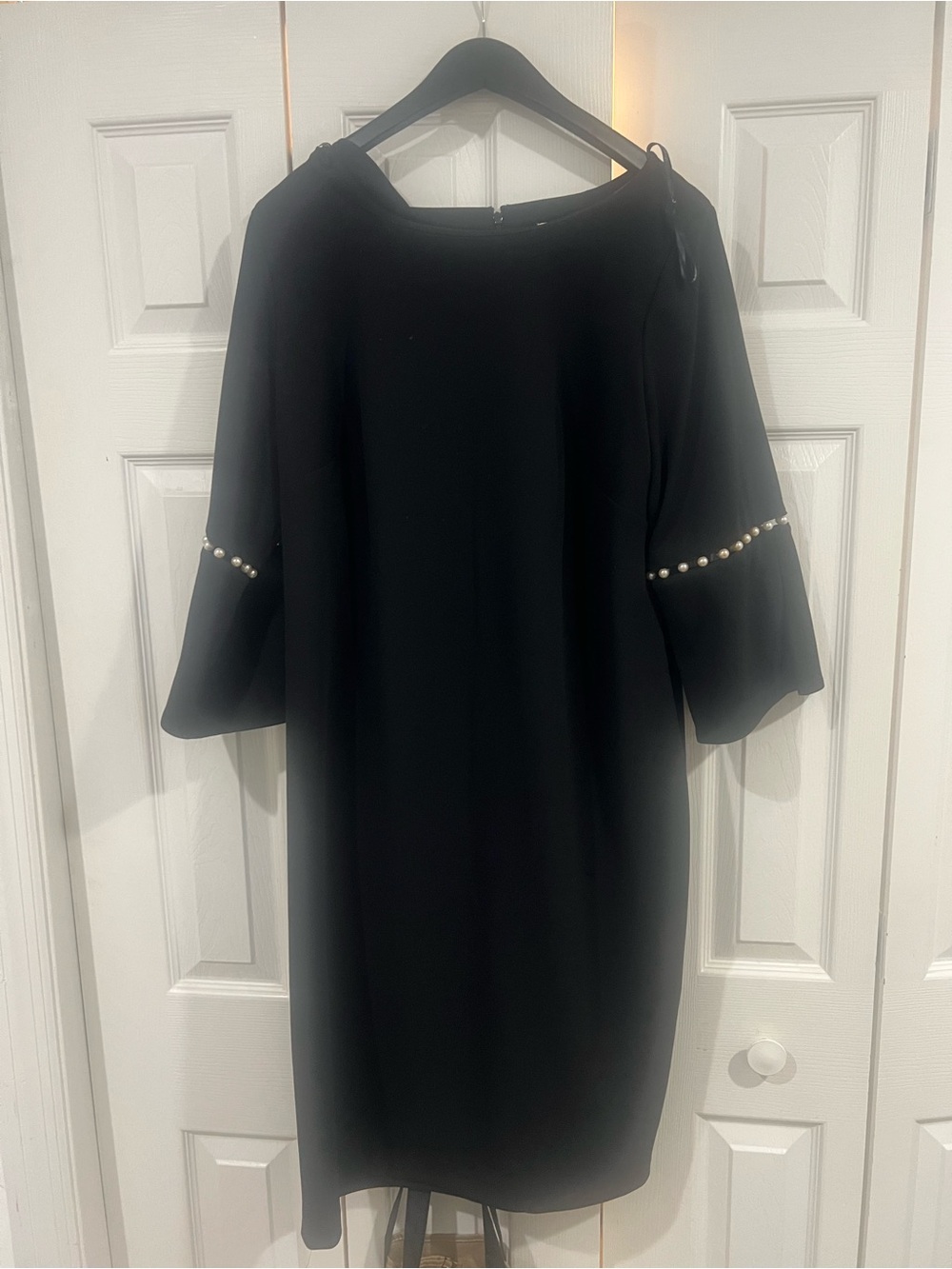 Calvin Klein Black Midi Shift Dress with Pearl Sleeve Trim